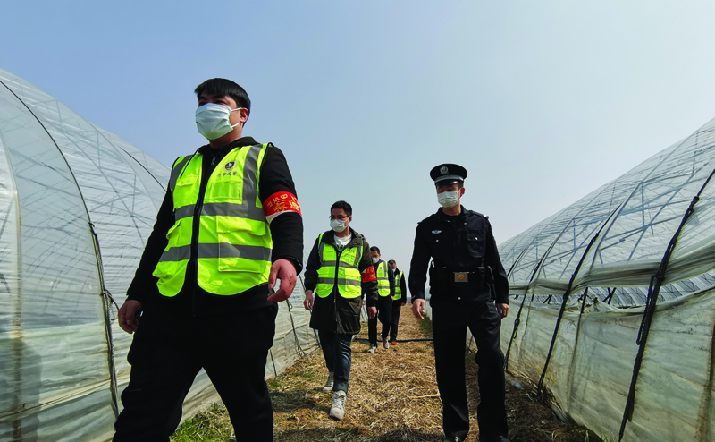 图为“义警巡逻队“深入辖区蔬菜大棚种植区开展巡逻。