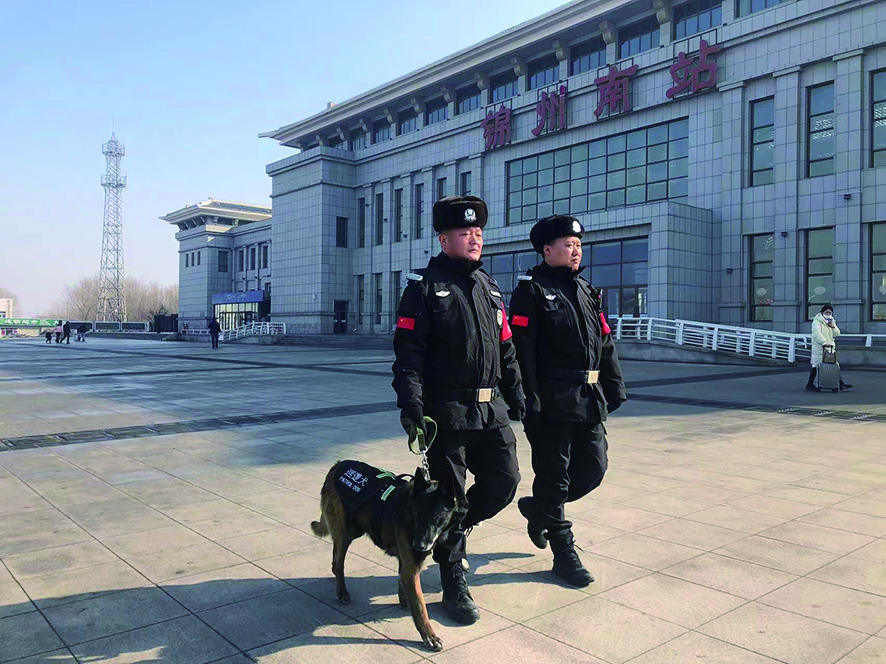 民警带着警犬“太子”正在巡逻