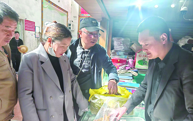 麻小军（右二）对冬虫夏草商户进行法律法规宣传