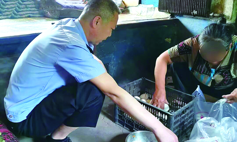 头题图，刘大铭帮辖区困难群众分捡鸡蛋
